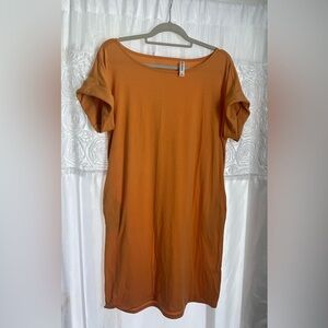 NWOT Sunflower yellow scoop neck, rolled sleeve butter soft midi dress